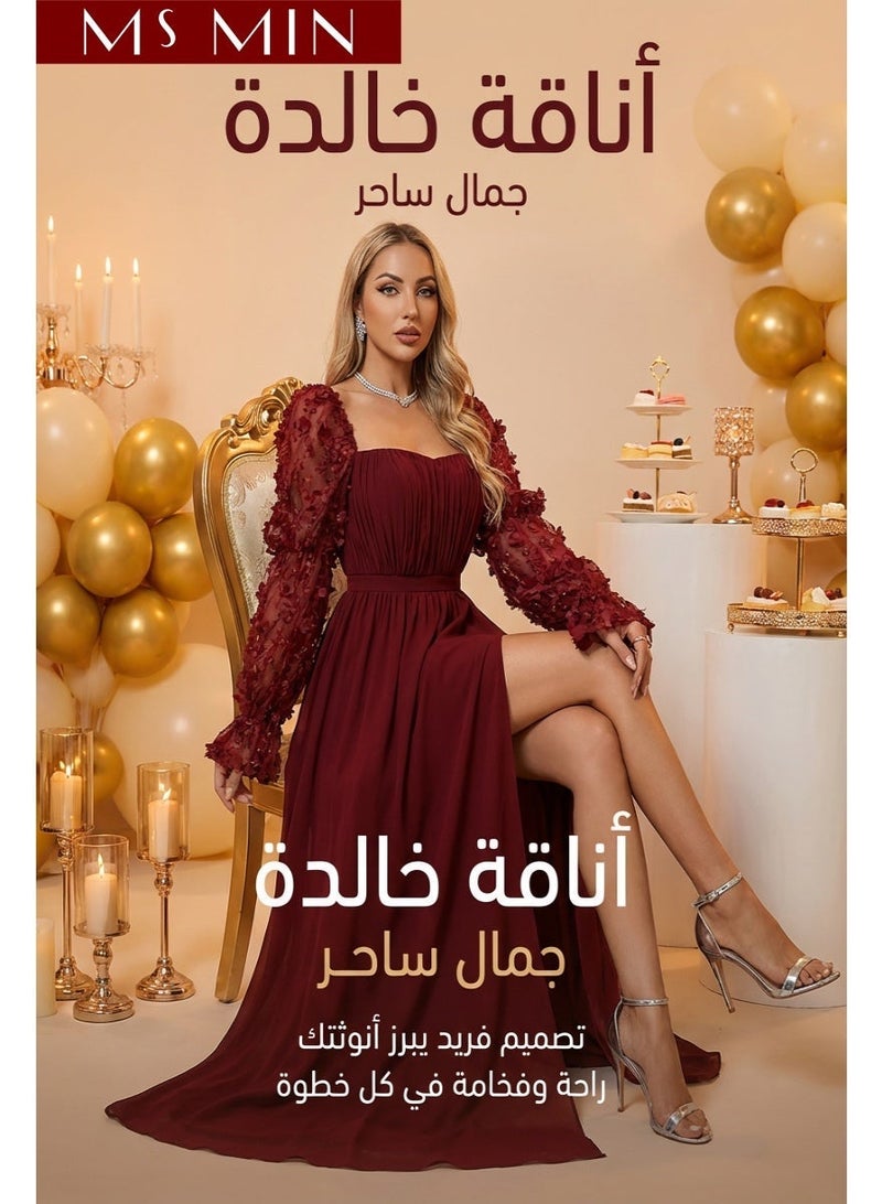 MS MIN Elegant Burgundy Evening Dress for Women – Long Sleeve Formal Party Gown - Image 1